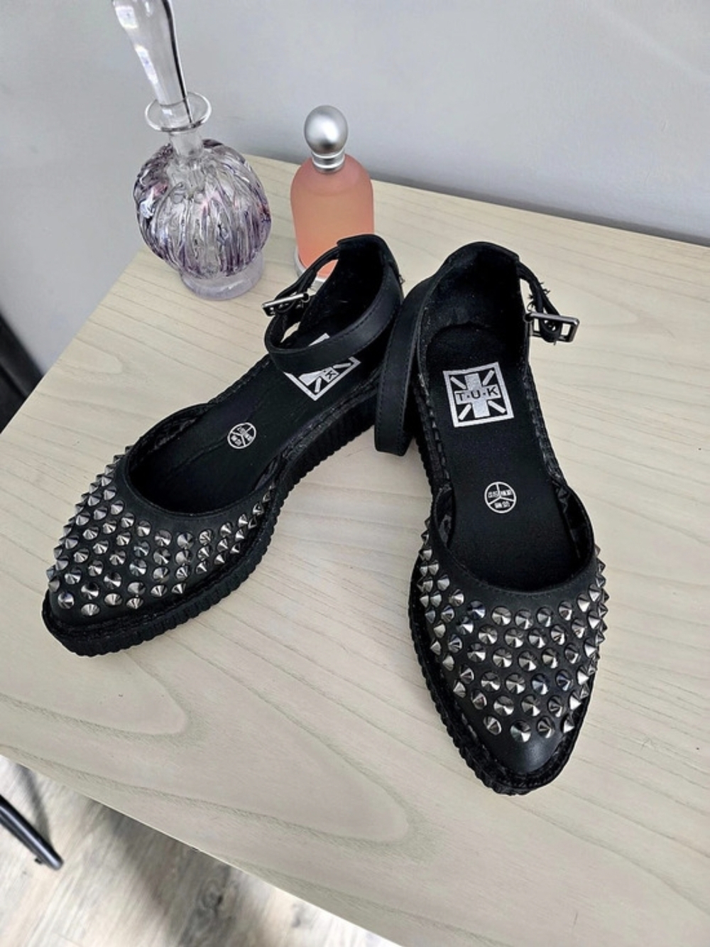 T.U.K. Black Spiked Pointed Ballet Ankle Strap Creeper. Shoes